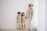 Girl kids botanic petal dress, green, japanese cotton, family matching with boys botanic shirt and mom's blouse
