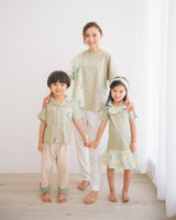 Boys kids clothing botanic green floral shirt, for 2-7 years-old. family matching with girls botanic petal dress, mom's blouse.