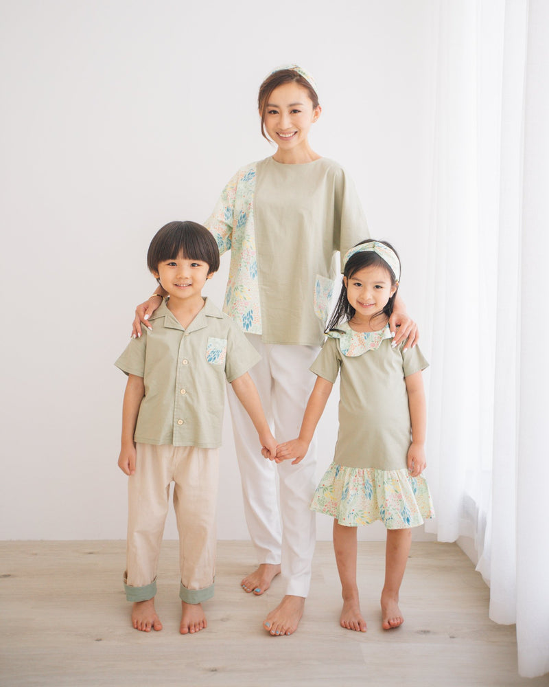 Boys kids clothing botanic green floral shirt, for 2-7 years-old. family matching with girls botanic petal dress, mom's blouse.
