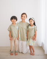Boys kids clothing botanic green floral shirt, for 2-7 years-old. family matching with girls botanic petal dress, mom's blouse.