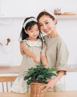Girl kids botanic petal dress, green, japanese cotton, family matching with mom's blouse