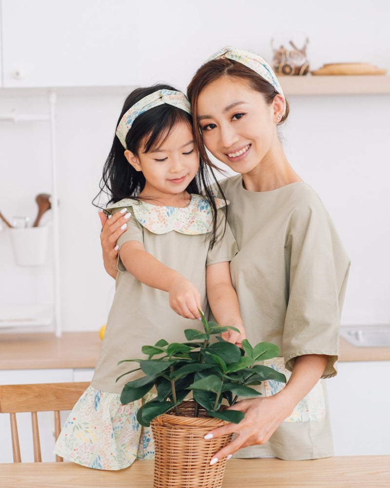 Girl kids botanic petal dress, green, japanese cotton, family matching with mom's blouse