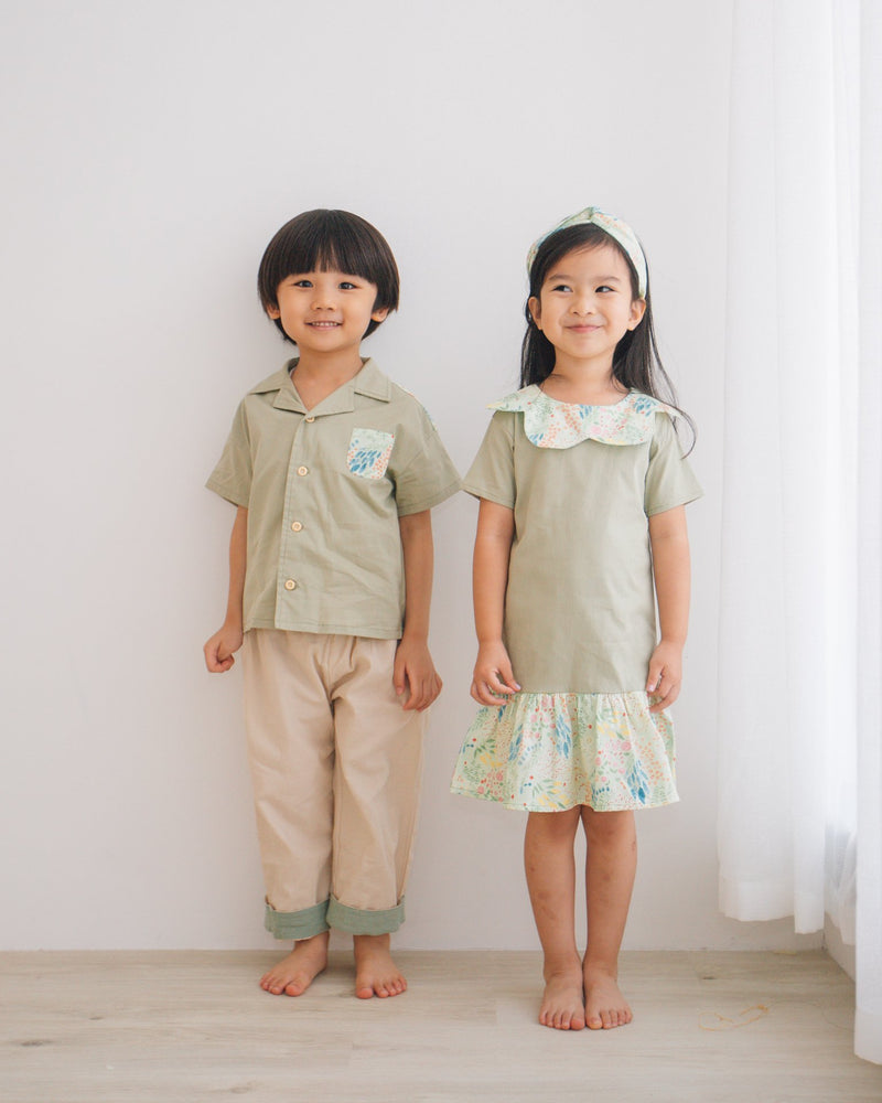 Girl kids botanic petal dress, green, japanese cotton, sibling matching with boys botanic shirt.