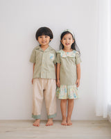 Boys kids clothing botanic green floral shirt, for 2-7 years-old. sibling matching with girls botanic petal dress