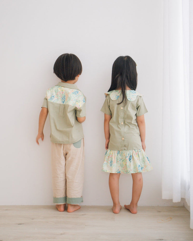 Boys kids clothing botanic green floral shirt, for 2-7 years-old. sibling matching with girls botanic petal dress