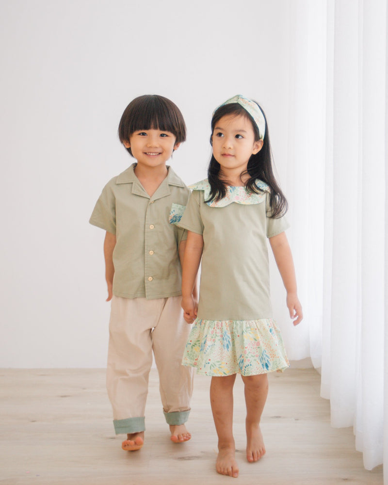 Girl kids botanic petal dress, green, japanese cotton, sibling matching with boys botanic shirt.