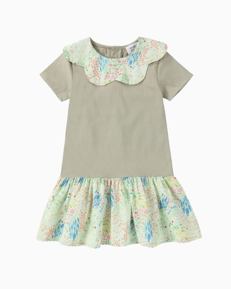 Girl kids botanic petal dress, green, japanese cotton, for 2-7 years old.