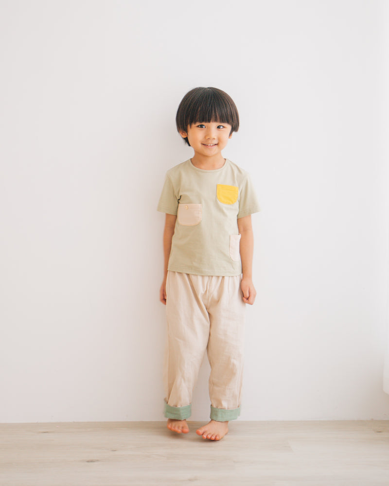 Boys kids clothing multi-pocket green playful tee for 2-7 years old. cotton made.