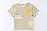 Boys kids clothing multi-pocket green playful tee for 2-7 years old. cotton made.