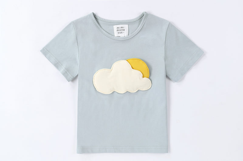 Kids tee with puffy clouds and detachable sun, blue, cotton, for 2-7 years-old kiddo.