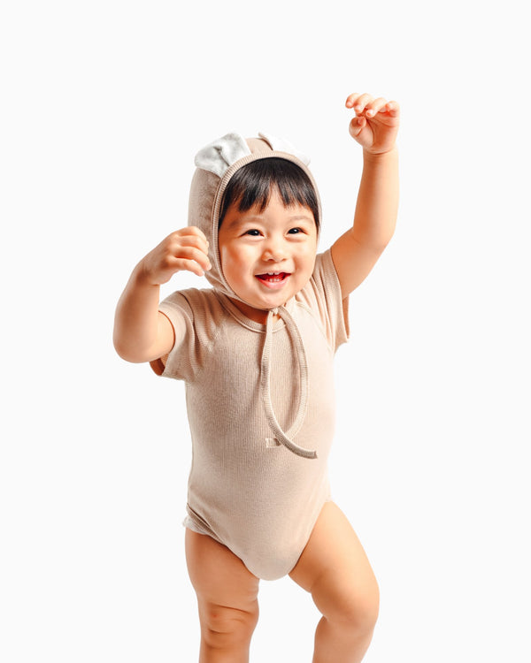 Bear Romper with Bonnet (Beige)